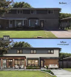 before and after photos of a modern house in the middle of an open yard area