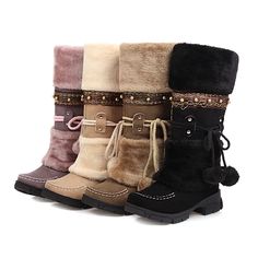 Material: brushed velvetLining: PlushHeel height: 4CMForefoot: 1.5CMTube Height: 31CMCircumference: 39CM[FUNCTION]: The snow boots have great faux fur lining, which is soft and skin friendly. It has excellent warm and windproof effect.[OCCASIONS]: The anti slip outsole can provide good traction. You can wear these mid-calf boots to walk boldly on the snow or ice. You can also wear them to work or travel on cold days.[COMFORTABLE]: The traditional winter boots are visually bulky, but they are mor Elegant Wedding Shoes, Flower Heels, Canvas Boots, Wedding Shoes Heels, Platform Heels Chunky, Snow Boots Women, Leather Mary Janes, Calf Boots, Rubber Heels