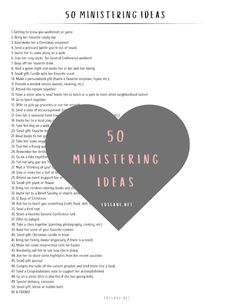 a heart with the words 50 ministering ideas written in pink and grey on it