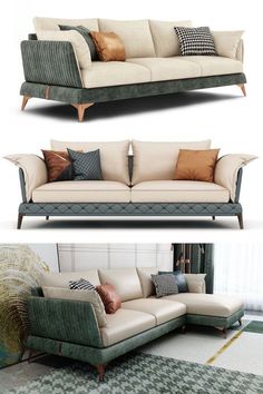 three different types of couches with pillows on top and bottom, one in the middle