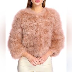 Roundneck Bracelet Sleeves Concealed Front Hook-And-Eve Closures Lined Feather Fitted Pink Fur Coat With Long Sleeves, Fitted Pink Fur Coat For Fall, Pink Fitted Long Sleeve Fur Coat, Chic Pink Fur Coat For Spring, Chic Pink Spring Fur Coat, Elegant Pink Fur Coat For Fall, Chic Pink Fur Coat For Fall, Chic Pink Outerwear For Party, Chic Pink Party Outerwear