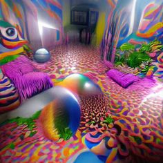 an artistic room with colorful walls and flooring