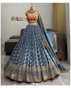 Wedding Guest Lehenga Simple, Orange And Blue Lehenga, Lehenga Designs Aesthetic, Chanya Choli Ideas, Lehnga For Sister's Wedding, Indian Wedding Lehengas, Lehenga Ideas, Latest Bridal Lehenga