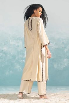 Buy Beige 100% Cotton Embroidery Applique And Cutwork Nile Slit Pant For Women by Ikai Online at Aza Fashions. Plazo Dress, Pakistani Bridal Dress, Applique Work, Iranian Women Fashion, Iranian Women, Party Wear Indian Dresses, India Fashion