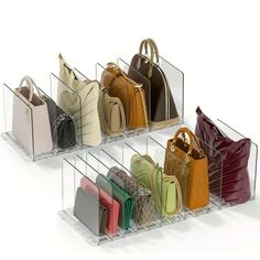 several purses are lined up in the holder