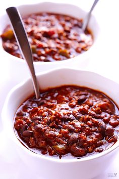 there are three different types of food on the table and one is filled with beans