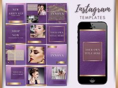 the instagramm templates are purple with gold accents and an elegant photo collage