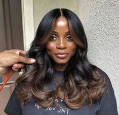 IG: weezydidit Dark Skin Highlights Hair Black Women, Black Women Ombre Hair, African American Fall Hair Color, Fall Hair Color On Black Women, Feathered Hair Black Women, Black Hairstyles Long Hair, Neutral Hair Color Ideas Brown, Monochromatic Hair Black Women, Spring Hair Color Black Women