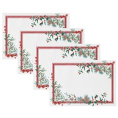 four placemats with holly and berries on white paper, one has red trim