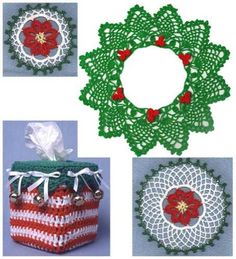 crochet patterns for christmas decorations and gifts, including a basket with poinsettis