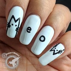 Cat Nail Designs, Halloweenský Makeup, Simple Gel Nails, Cat Nails, White Nail, Kawaii Nails