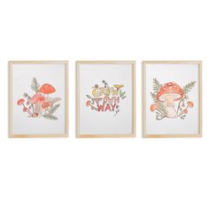 three framed art pieces with mushrooms and plants on them, each featuring the words grow your way