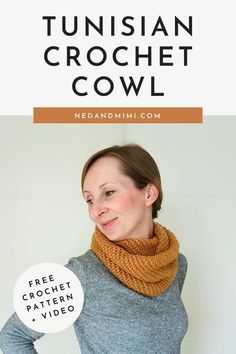 a woman wearing a knitted cowl with the text, free crochet pattern video