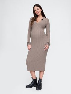 Supersoft cotton-blend, ribbed-knit maternity midi sweater dress.  Polo collar with V-neck.  Long sleeves.  Please note: Maternity styles cannot be returned in store.  Please enjoy free returns by mail.  Fit: Slim.  A fitted silhouette that fits close to the body.  Hits below the knee.  Choose your maternity Maternity Styles, Plymouth Rock, Midi Sweater Dress, Plush Yarn, Gap Maternity, Brand Collaboration, Everyday Luxury, Sweater Dress Midi, Fitted Silhouette