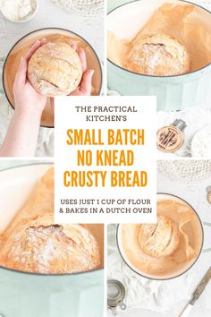 the practical kitchen's small batch no knead crusty bread uses just 1 cup of flour and baking in a dutch oven