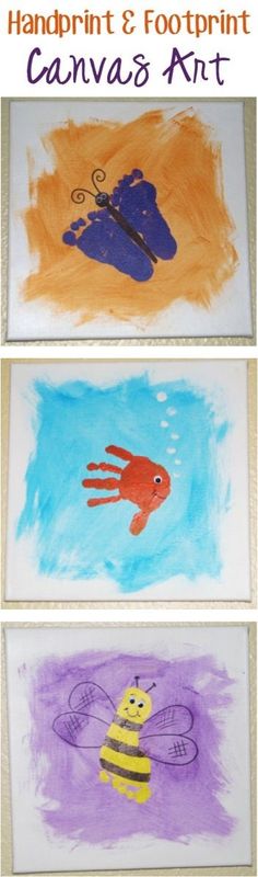 two pictures of handprints on paper with blue and orange colors, one in the shape of a fish