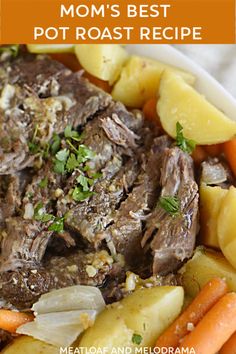 a white plate topped with meat, potatoes and carrots