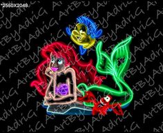 the little mermaid and her friends are depicted in neon colors