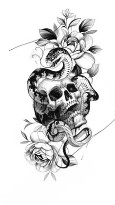 a drawing of a skull with roses and snake on its head, in black and white