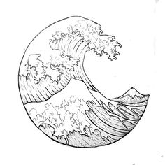 a drawing of the great wave in black and white