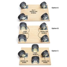 three wooden coasters with wheels attached to them and labeled on the top, bottom, and bottom