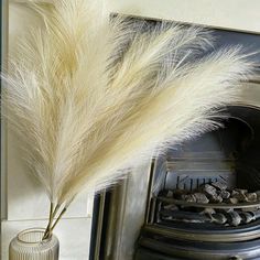 some white feathers are in a vase next to a fire place