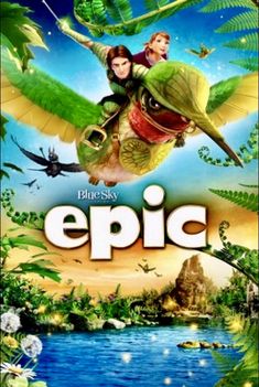 the movie poster for epic with an image of two people riding on a turtle