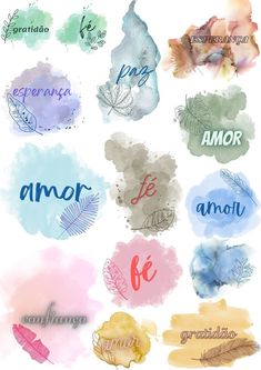 watercolor brushes are used to create the words in different colors and shapes, including leaves