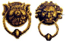 two pieces of art made out of gold colored beads and metal wire, each with a lion's head in the middle