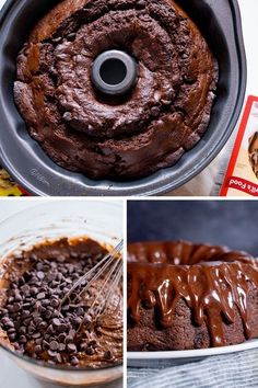 chocolate cake being made in a bundt pan and then topped with melted chocolate chips