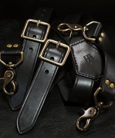 "Leather suspenders in slick black are made from beautiful Italian vegetable tanned leather. I crease and finish the edges down to an english point and use high quality solid brass aged hardware! ( aged nickel also available) The back connection point is handstitched and the swivels are all attached with solid brass rivets! Available in many colors. I'll just need your height and weight! - 1\" wide straps - fine veg-tan leather - custom sized for you Thanks for checking out my work! I use a fine Black Leather Harness With Adjustable Strap, Leather Harness With Adjustable Strap, Black Harness With Belt Loops For Everyday Use, Black Adjustable Belts And Suspenders For Everyday Use, Black Leather Belts And Suspenders With Adjustable Strap, Classic Black Belts And Suspenders With Brass Buckle, Classic Black Belt With Brass Buckle, Classic Black Belts And Suspenders With Adjustable Strap, Classic Black Belt With Adjustable Strap