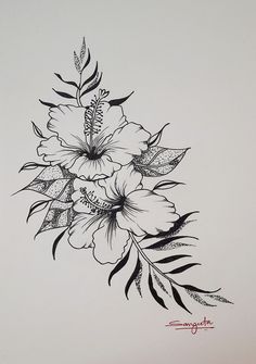 a black and white drawing of flowers with leaves on the bottom half of their petals