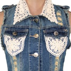 "This new \"destroyed\" denim vest is 100% cotton and has been embellished with romantic lace and pearl beads. This romantic boho piece can be styled in so many ways. Each piece in our HEART ALTERED collection has been embellished with our signature ♥ charm. 100% cotton Hand wash, hang dry. Measurements: Label marked small ~ FITS LIKE XXS Bust ~ 33 inches Waist ~ 30-1/2 inches Length from top of shoulder to bottom of the vest ~ 19 inches Label marked medium ~ FITS LIKE XS Bust ~ 34 inches Waist Cheap Y2k Denim Vest, Stretch Cotton Sleeveless Denim Vest, Stretch Cotton Denim Vest For Summer, Summer Stretch Cotton Denim Vest, Spring Stretch Cotton Denim Vest, Summer Distressed Cotton Denim Vest, Cotton Denim Vest For Summer Festival, Fitted Sleeveless Denim Vest For Festival, Sleeveless Denim Vest For Festivals