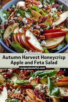 an apple and feta salad with pecans in the middle is featured on this post