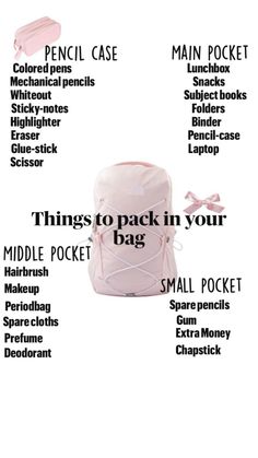 a pink backpack with the words things to pack in your middle pocket and small pocket