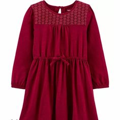 Carters Toddler Girl Crocheted Slub Jersey Dress In Burgundy Color. Size 4t Crafted In Extra Soft Slub Jersey With A Crocheted Yoke, This Dress Will Be Her New Favorite. * Jersey Dress * Long Sleeves * Back Button Closure. * Crocheted Yoke. * Cinched Waist. * 100% Cotton Slub Jersey. Long Sleeve Jersey Dress, Cable Knit Dress, Casual Day Dresses, Carters Girl, Fall Pictures, Mini Session, Puffed Sleeves Dress, Dresses Kids Girl, Toddler Girl Dresses