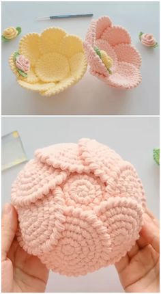 crocheted baskets made with yarn are shown in three different colors, one is pink and the other is yellow