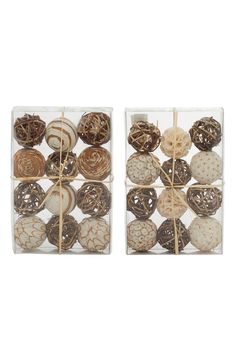 two clear boxes filled with different types of ornaments