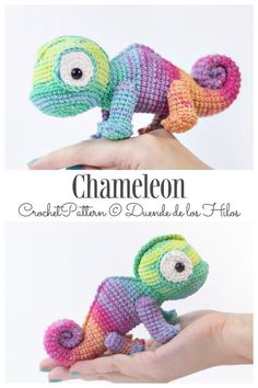 a hand holding a small crocheted chamelon