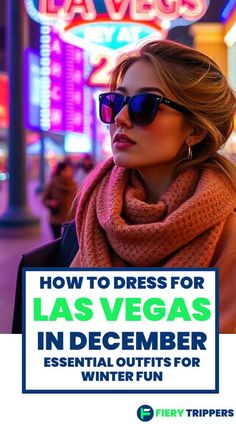 a woman wearing sunglasses and a scarf with the words how to dress for las vegas in december essential outfits for winter fun