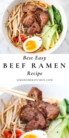 beef ramen with noodles and vegetables in a white bowl