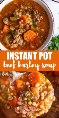 instant pot beef barley soup with carrots and parsley