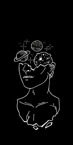 a black and white drawing of a man with food on his head