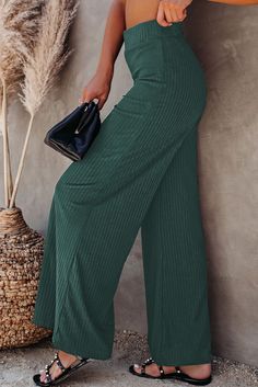 Green Ribbed Knit High Rise Wide Leg Pants Poncho Cardigan, Striped Wide Leg Pants, Fashion Bottoms, Casual Wide Leg Pants, High Rise Pants, Women Pants Casual, Knit Pants, Knit Shirt, Long Legs