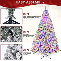 the instructions for how to decorate a christmas tree with colored lights and ornaments on it