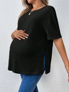 Pregnant Women Leisure, Young, And Mature Round Neck Split Hem Loose Fit Long Maternity T-Shirt Black Casual  Half Sleeve Knitted Fabric Plain  Slight Stretch  Maternity Clothing, size features are:Bust: ,Length: ,Sleeve Length: Casual Black Bump Friendly Tops, Cotton Maternity Tops With Crew Neck, Cotton Crew Neck Maternity Tops, Cotton Maternity Crew Neck Top, Maternity Cotton Crew Neck Top, Casual Black Maternity Tops, Maternity Long Sleeve Cotton Tops, Black Short Sleeve Bump Friendly Top, Black Short Sleeve Maternity Top