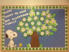 a bulletin board with shamrock leaves and a dog under a tree that says, we're lucky to have our classroom family