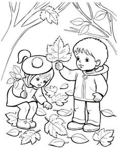 two children playing with leaves in the fall coloring pages for kids, printable and coloring