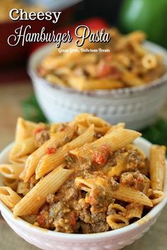 cheesey hamburger pasta in a white bowl