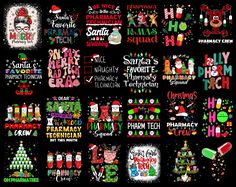 a large collection of christmas and new year's holiday stickers on a black background